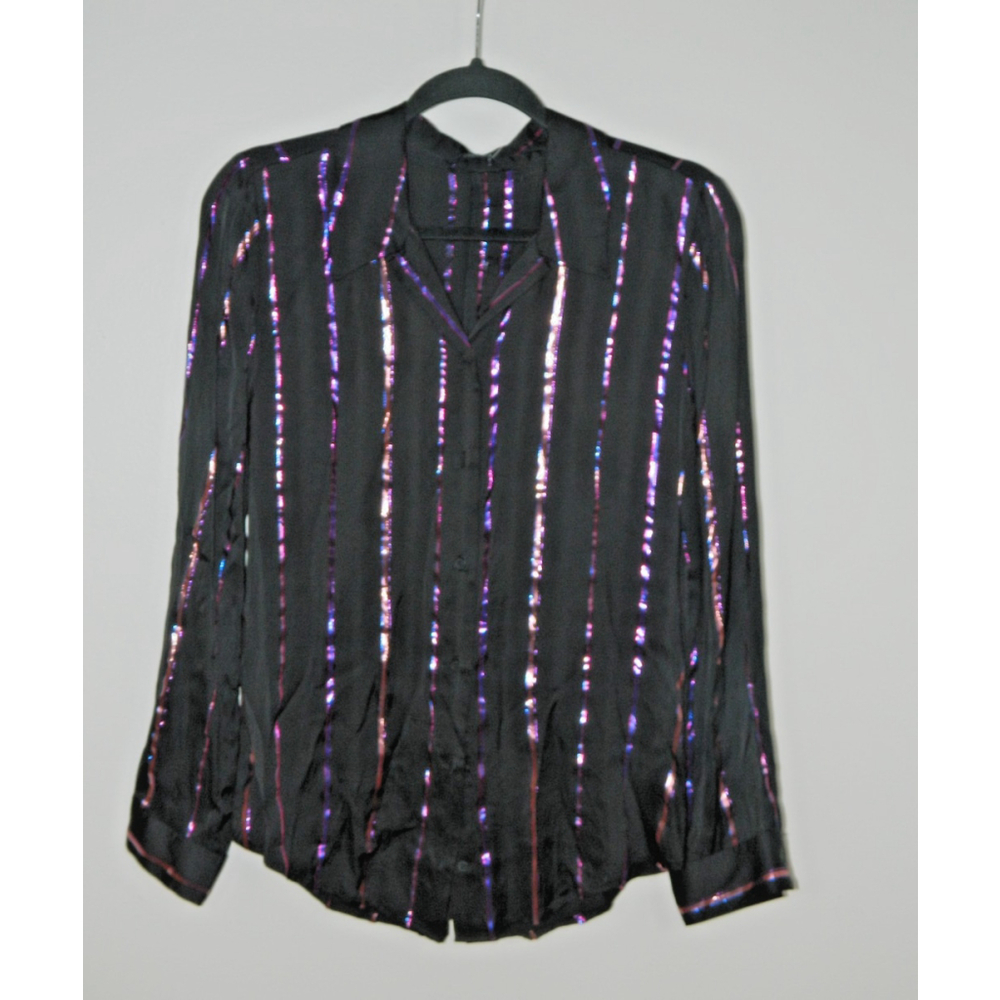 J‎ Brand Blouse Size Medium Black Metallic Stripes Elena Long Sleeves